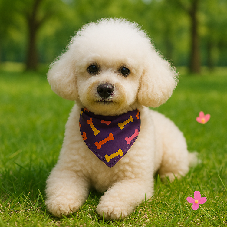 Perro pequeño de pelaje blanco esponjoso sentado sobre el pasto con una bandana morada con huesitos de colores. Fondo natural con árboles y flores, transmitiendo ternura y estilo.