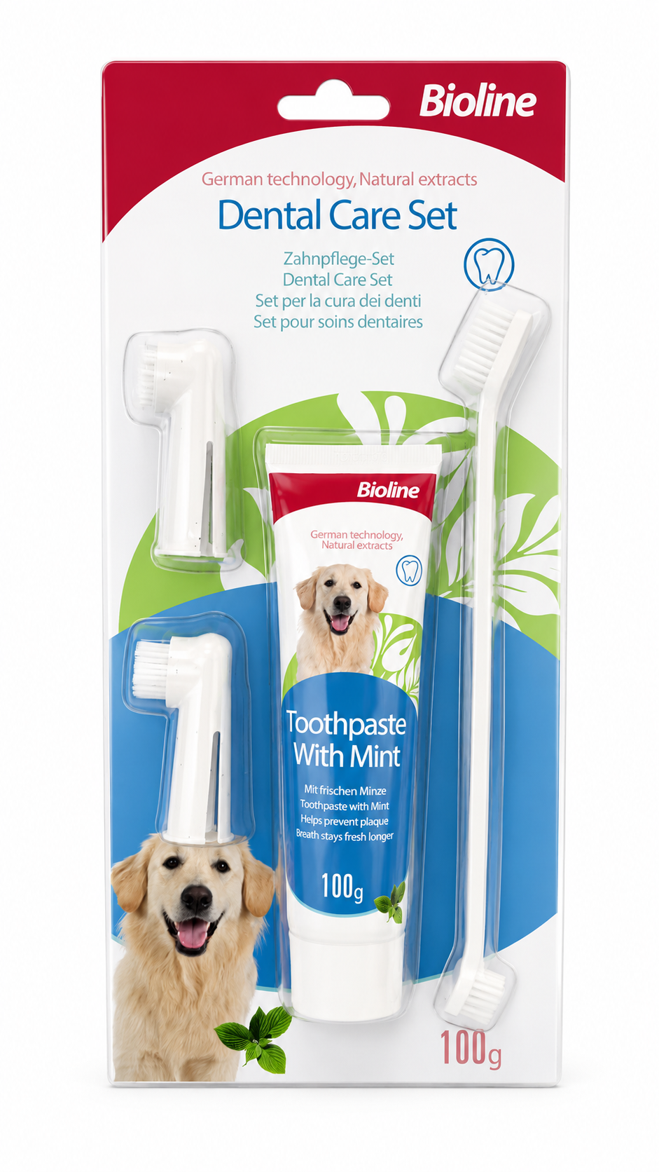 Kit de Higiene Dental Bioline para Perros – Pasta + Cepillos 100 g