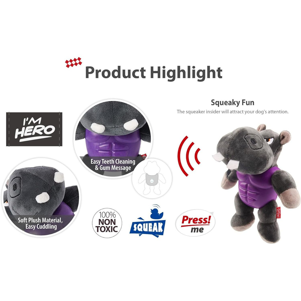 Gigwi I’M Hero Hipopótamo – Juguete de Peluche Premium con Squeaker