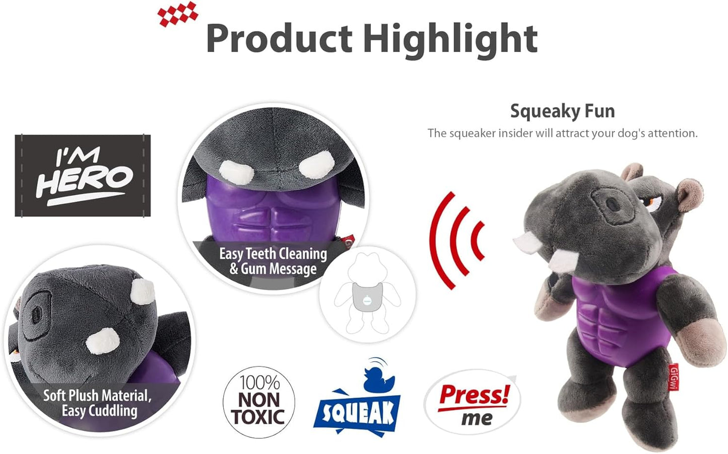 Gigwi I’M Hero Hipopótamo – Juguete de Peluche Premium con Squeaker